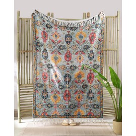 Boho Woven Cotton Throw Blanket with Tassels, 52x72 Inches – Multicolor Floral Pattern, Soft Decorative Sofa Throw, Bedspread, Wall Hanging, Picnic Rug, Machine Washable, Gift for Home Décor