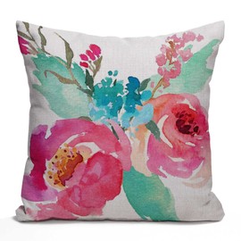 Tomda Cushion Cover Watercolor Peonies Pink Turquoise Summer Bouquet Decorative Pillow Case Girly Home Decor Square 45x45cm 18x18 Inch Throw Pillow Cover Pillowcase