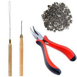 1 juego de herramientas de extensión de pelo Kit alicate gancho de tirar aguja 200 piezas Micro silicona enlace anillos perlas para profesional de peluquería accesorios, 1