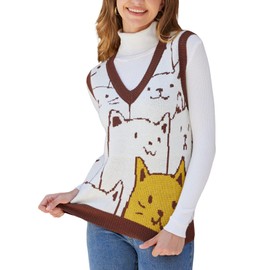 Yimoon Womens Cat Sweater Vest V Neck Y2k Graphic Knit Vest Cute Sleeveless Knitted Pullover Tops(Brown-M)
