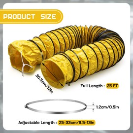 Pangda 25 ft Duct Hosing PVC Flexible Ducting Hose 12 Inch HVAC Duct Hosing Flame Retardant with 2 Stainless Steel Air Ducting Clamps Adjustable Hose Clamps for Utility Blower Exhaust Fan (Yellow)