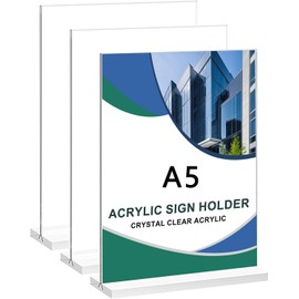 Mikocofo Pack of 3 A5 Table Stands, Price Tags, Table Stand, Double-Sided Vertical Table Stand, Menu Card Holder, Acrylic T-Stand for Brochures, Menu Card, Advertising