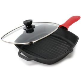 Megachef 10.4 Inch Pre-Seasoned Cast Iron Griddle with Tempered Glass Lid