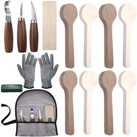 Gisafai 15 Pcs Spoon Carving Kit Wood Whittling Kit Includes 3 Wood Carving Knife 8 Wooden Spoon Blank and Gloves, Unfinished Wood Carving Spoon Kit for Adults and Kids Beginners Gifts