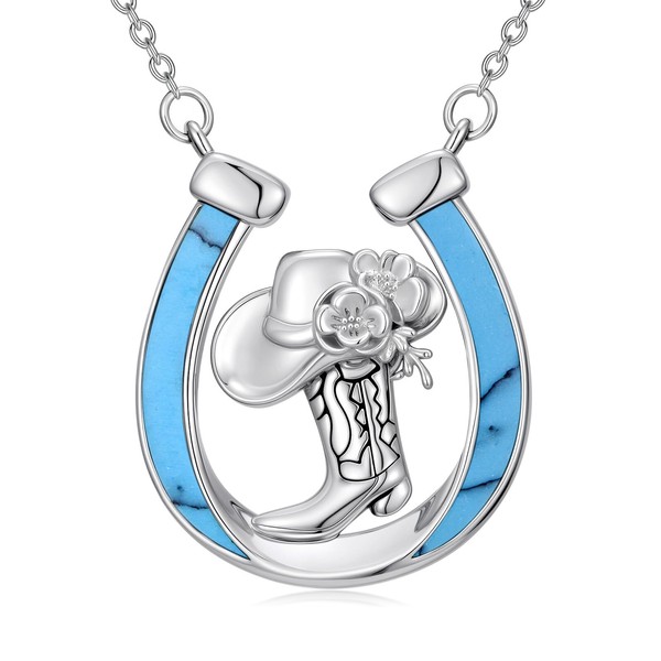 HPQQ Horseshoe Necklace 925 Sterling Silver Turquoise Cowgirl Necklaces Western