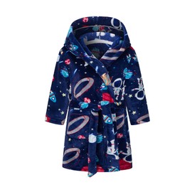 NautySaurs Boys Soft Warm Hooded Flannel Fleece Bathrobe for Kids, Astronaut Blue