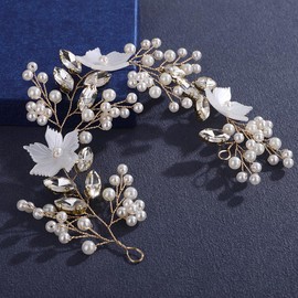 Lenjicons White Flower Golden Rhinestone Pearls Hair Vine Faux Pearls Rhinestone Headband Wedding Headpiece Crystal Beads Bridal Headband for Women (gold, free size)