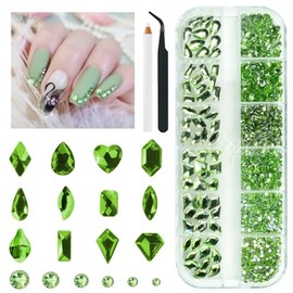 qiipii 1802Pcs Light Green Nail Rhinestones Grass Green Nail Charms Multi Shapes Crystal Flatback Rhinestones Gems Round Beads Glass Stones Diamonds Jewels Art for Nails Faces Eyes Makeup DIY Crafts