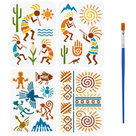 FINGERINSPIRE 4PCS Cocopelli Patterns Stencils with 1Pc Plastic Brush 21x29.7cm American Patterns Stencil Nazca Lines Stencil Tribal Themes Decorative Template for Painting on Wall Wood