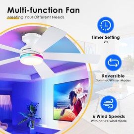 BYKISTOK 46" Flush Mount RGB Ceiling Fans with Lights - White Low Profile Ceiling Fan Light with Remote/APP, RGB+3CCT 6 Wind Speeds and Reversible, Modern Fan Light Fixture for Party, Kiad's Room
