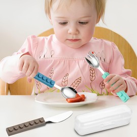 Cubiertos para niños 6 piezas, tenedor, cuchillo y cuchara de acero inoxidable con mangos de silicona, Sin BPA, Incluye estuche portátil, para el hogar, la escuela, restaurantes y campamentos
