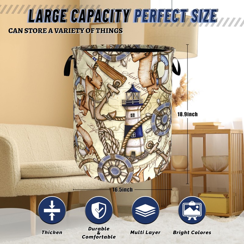Nautical Theme Laundry Basket Foldable Retro Anchor Rudder Laundry Hamper