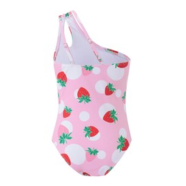 Valseclub Girls One Piece Swimsuit One Shoulder Bathing Suit with Adjustable Straps Floral Print Quick Dry Swimwear Beachwear 7-16 Years Strawberry