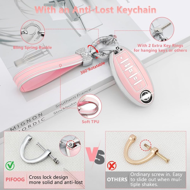 PIFOOG Key Fob Cover for Nissan 5 Button Pink Car