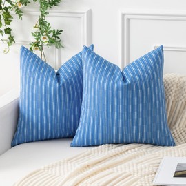 Kevin Textile Square Pillow Cover Set of 2 Solid Linen Cusion Covers Boho Woven Texture Decorative Throw Pillows for Couch Bed Chair, 16x16 inch, Light Blue