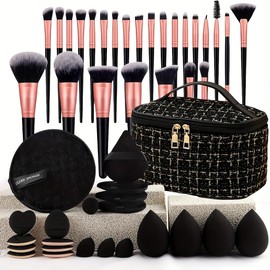 Set de Brochas de Maquillaje Profesional 47 Piezas, 25 Brochas de Maquillaje Profesional y 21 Esponja de maquillaje, con Estuche de Tela Elegante Negro y Dorado