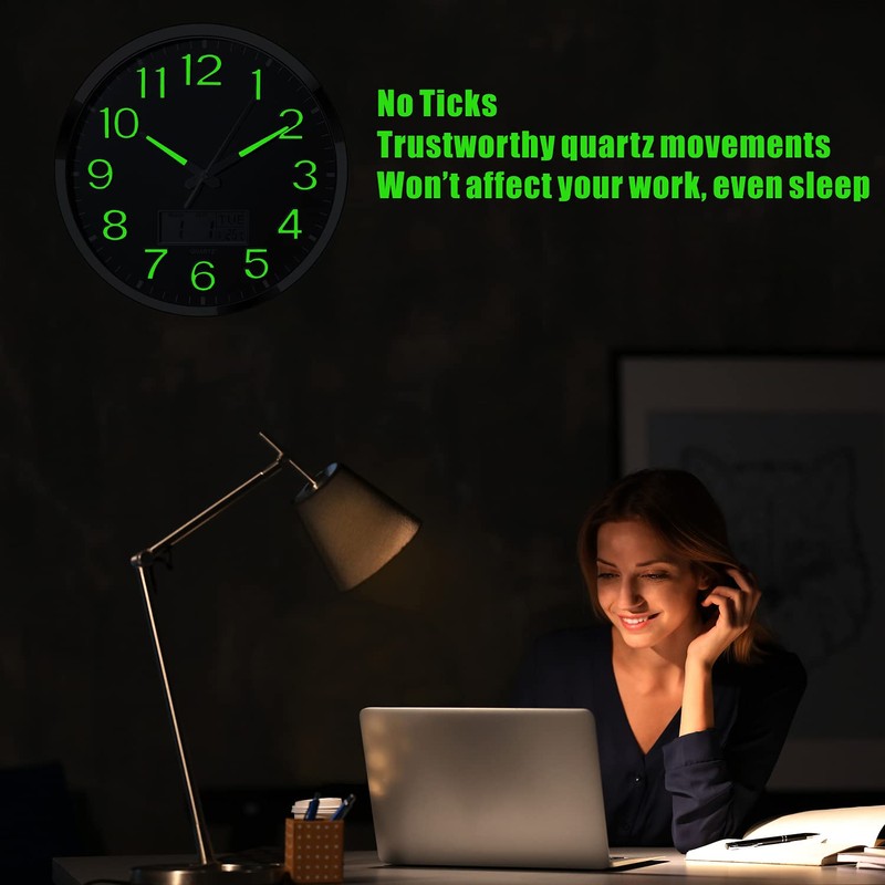 Plumeet Night Light Wall Clock, 14’’ Large Bedroom Wall Clocks