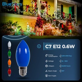 BlueStars 25 Packs C7 Vintage Multi-color LED Christmas Bulbs E12 Candelabra Base 0.6W (10W Equivalent) Shatterproof - Perfect for Christmas & Thanksgiving Decor, Indoor & Outdoor String, Patio Lights