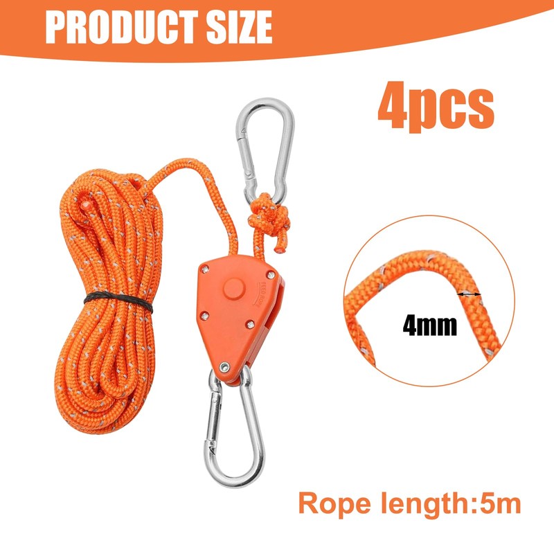 Pack of 4 4 mm Adjustable Rope Ratchet, 5 m