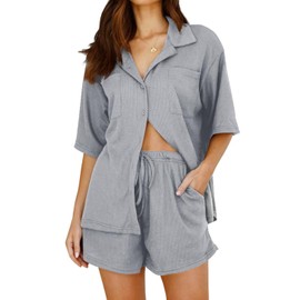 LACOZY Women Pyjamas Set Button Down Pj's Sets Soft Lounge Sets Chic 2 Piece Top and Shorts for Loungewear Sleepwear Grey S