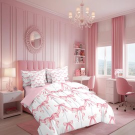 Feelyou Cute Bowknot Bed Set Includes Comforter, Sheet Set, Pillowcases & Pillow Covers Bow 7 Piece Bedding Set Teens Room Decor Kawaii Bow Print Bed in a Bag Queen Size Bow