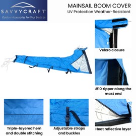SavvyCraft Waterproof Mainsail Boom Cover, Heavy Duty 600D Sailboat Mainsail Cover UV Protection Weather-Resistant, Boom Length 13'-14' Blue