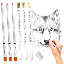 HAFRILY 7Pcs Eraser Pencils Rubbers Erasers for Artists Sketch Pencils with Brush Highlight Sketch White Pencil for Charcoal Drawings Wooden Sketch Eraser Pen with White Sharpener for Beginner