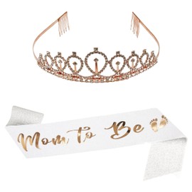 Funky Junque Best Mom Crown Bundle: Rose Gold Mom to Be Tiara and White Glitter Sash Set for Baby Shower