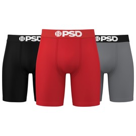 PSD Underwear Mens Boxer Briefs - Solid Red/Grey/Black 3 Pack, 7 Inch Inseam, Moisture-Wicking, 4-Way Stretch, Boxer Briefs for Men Pack