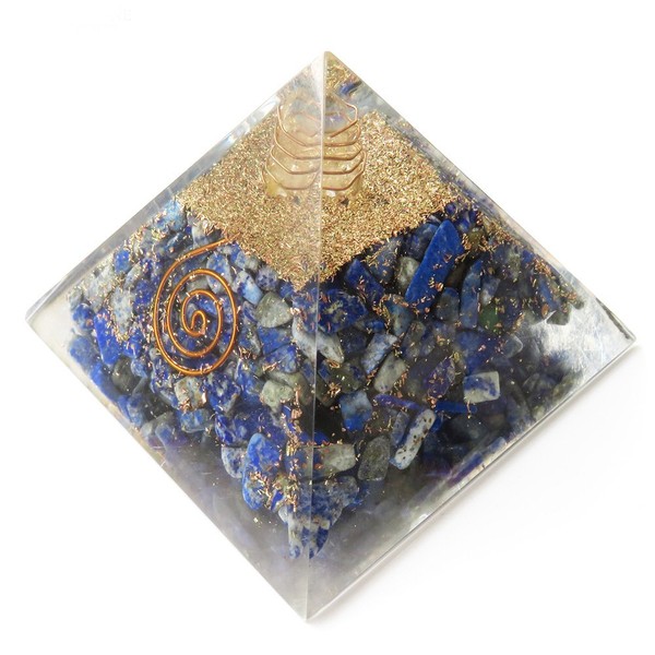 GOLD STONE Natural Stone with Crystal Single Crystal Orgonite Pyramid, Spiritual Goods, Width Approx. 2.6 - 2.8 inches (65 - 70 mm), Lapis Lazuli