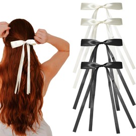 4 Pack Hair Bows for Women, Long Ribbon Hair Bows for Women Girls, French Barrette with Long Silky Satin Hair Ribbons for Women Girls Toddlers Teens Kids School Hair Accessories