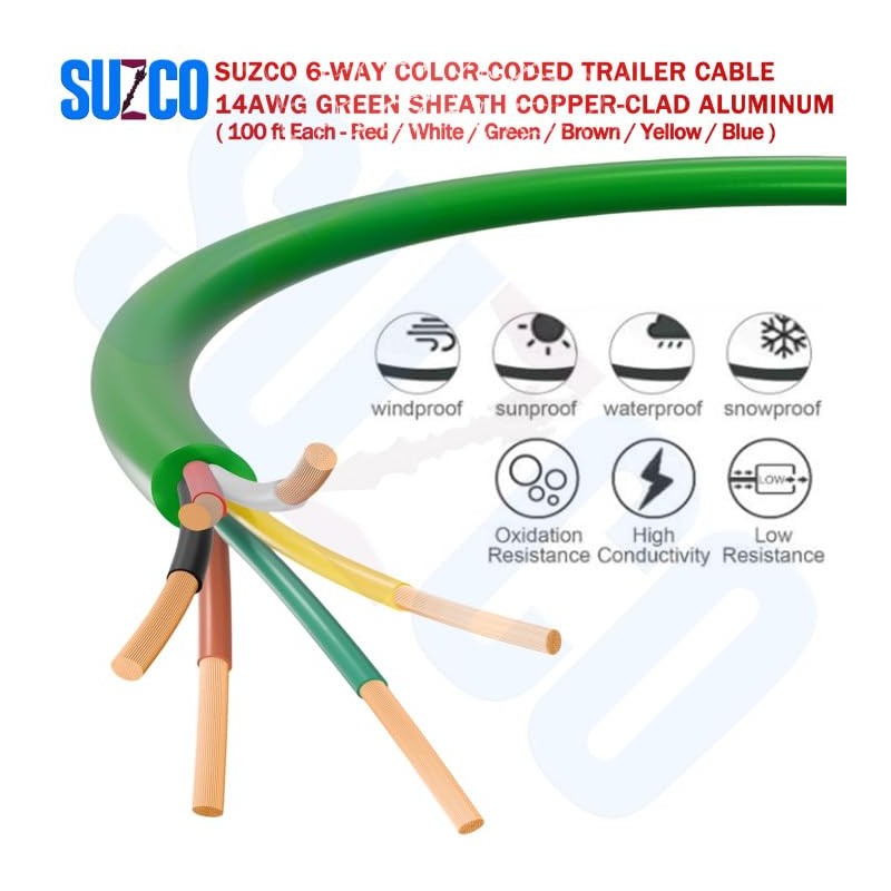 Enough 14AWG 100FT 6 Way Trailer Wire Harness - Green