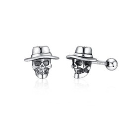 Men's Silver Plated Skull Earrings – Screw Back Stud for Men, American Vintage Style, Single Earring, Sleep & Shower Proof, Anti-Lost Screw Design