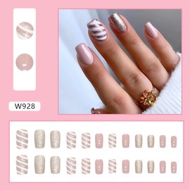 LPOODDNU Christmas Press on Nails Medium Square - 24Pcs Stripes Fake Nails, Glossy Pink False Nails With Glitter Designs, Cute Acrylic Nails for Women and Girls