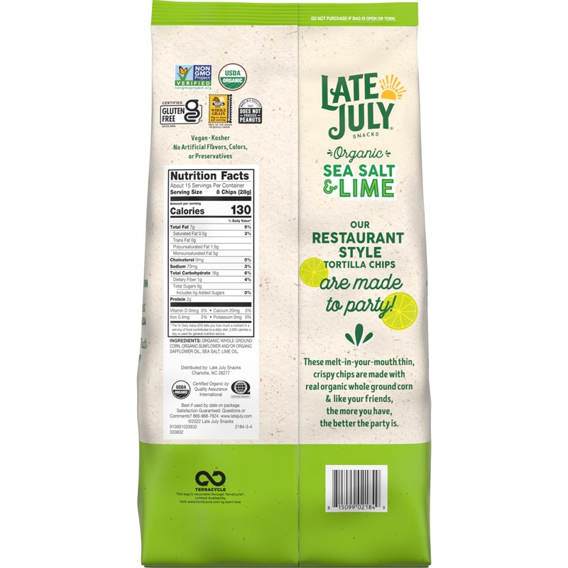 Late July Snacks, Thin & Crispy Organic Tortilla Chips, Sea