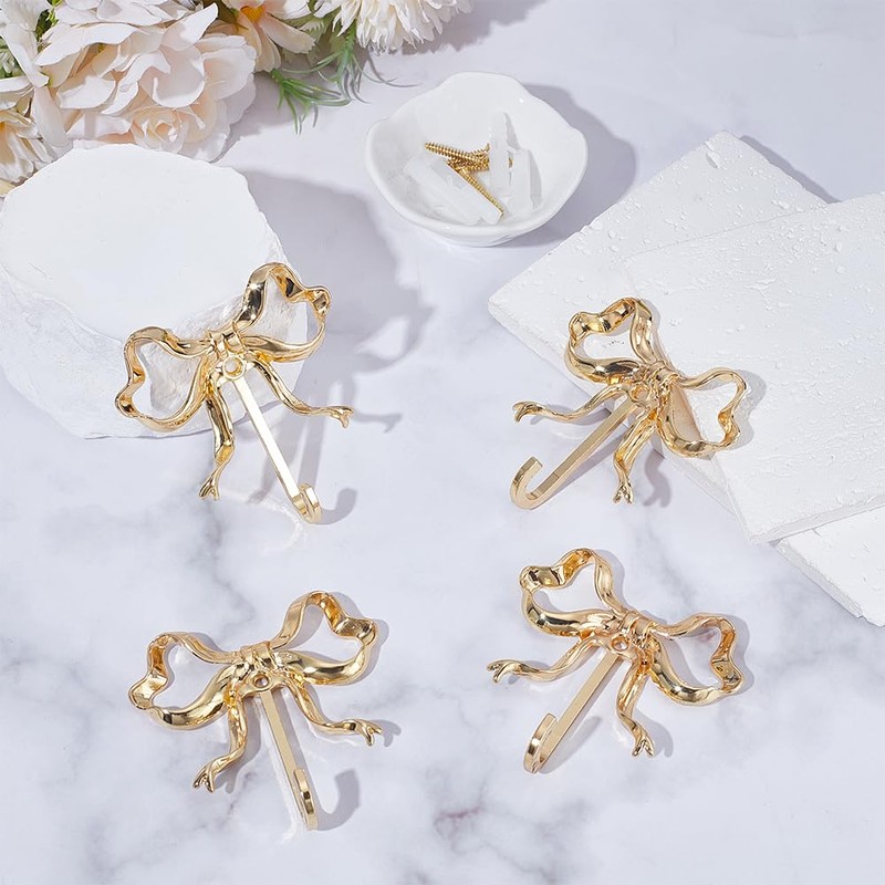 GOMAKERER 4 Pcs Bow Hooks for Wall, 2.6x2.6Inch Gold Coat