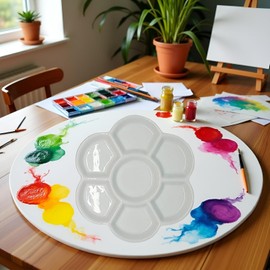 2Pcs White Round Watercolor Paint Palette Tray Water Color Palletes Washable Paint Ceramic Paint Palette Porcelain Watercolor Palette for Watercolor Gouache Acrylic Oil Painting (7-Hole)