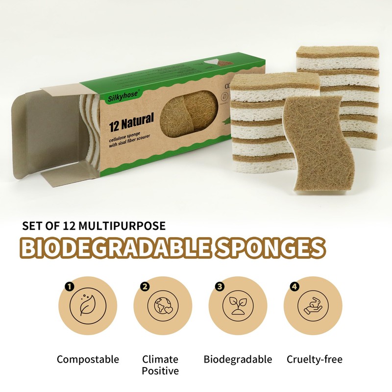 12 Pack Non Scratch S-Shaped Natural Kitchen Sponges - Biodegradable