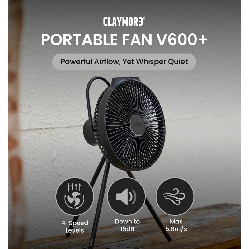 Claymore V600+ Black Rechargeable Portable Fan – 7,800mAh Battery, 4-Speed