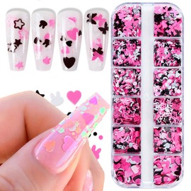 Holographic Nail Art Glitter Sequins, 3D Pink Black Glitter Flakes Nail Art Designs, Love Heart Butterfly Star Floral Acrylic Nails Supplies for Women Girls Manicure Decorations DIY Shiny Nails Crafts