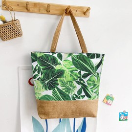 crazy bean Large Beach Bag Prints with Zip Shopper Bag Women's Tote Bag Travel Shopping Everyday, Green Leaves