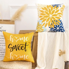 AwzyGous Cushion Cover 45 x 45 cm, Mustard Yellow Blue Dahlia Flowers Cushion Cover Autumn Decorative Cushion Cover Sofa Cushion Decorative Cushion Case for Couch Living Room Bedroom Outdoor