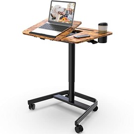 JOY worker Mobile Standing Desk, Pneumatic Height Adjustable Table, 60° Tiltable Rolling Laptop Desk, Portable Sit Stand Desk with Wheels Cup Holder for Bed Couch Hospital, Holds Up to 22lbs, Rustic