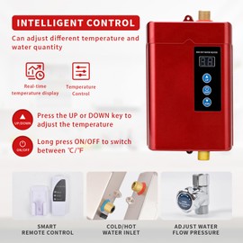 Tankless Water Heater Electric,110v 3000w Instant Water Heater with Remote Control, Water Temperature Regulating Valve and Adjustable Temperature, LCD Digital Display for Kitchen and Bathroom, Red