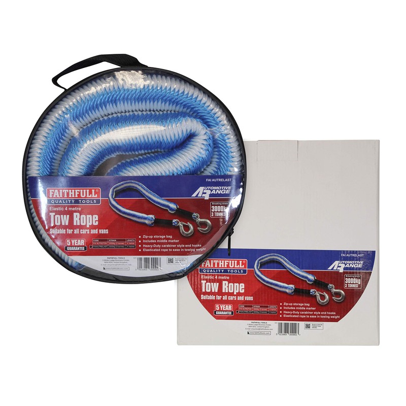 Faithfull FAIAUTRELAST Tow Rope Expanding 4M Metal Hooks 3 Ton