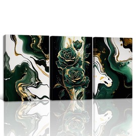 Emerald Green Wall Art Green and Gold Pictures Wall Decor Abstract Marble Paintings Rose Floral Prints for Living Room Bedroom Office Decor Framed(Abstract-1,16.00" x 24.00" x 3Pcs)