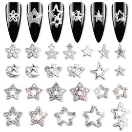 WOKOTO 24pcs Silver Star Nail Charms Rhinestones For Nails Art 3d Stars Charms For Acrylic Nails Stars Charms 3d Stars For Nails Gems And Rhinestones Silver Star Charms Nail Jewels Crafts For Women