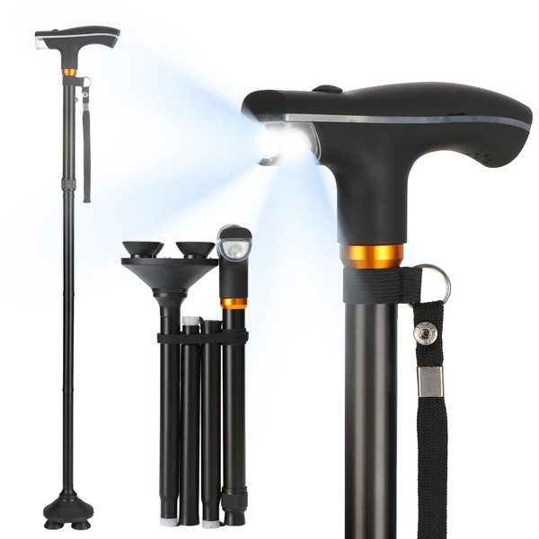 Parlora Walking Cane with LED Light - Foldable, Adjustable, Collapsible,
