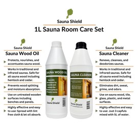 Sauna Shield Sauna Care Set – Sauna Wood Oil & Sauna Cleaner (33.8 fl oz each) with Applicator Sponge & Gloves | Protects, Cleans & Nourishes Sauna Wood | For Traditional & Infrared Saunas