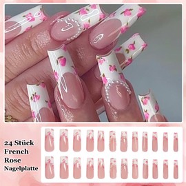 Virellay 24 Stück 3D Schmetterlingsblumen Kunstnägel Nägel - Lang ballettförmige French Fake Nails Mit Strasssteinen verziert Glitzer Kunstnägel - Für DIY Nageldesign für Frauen (Rose French)